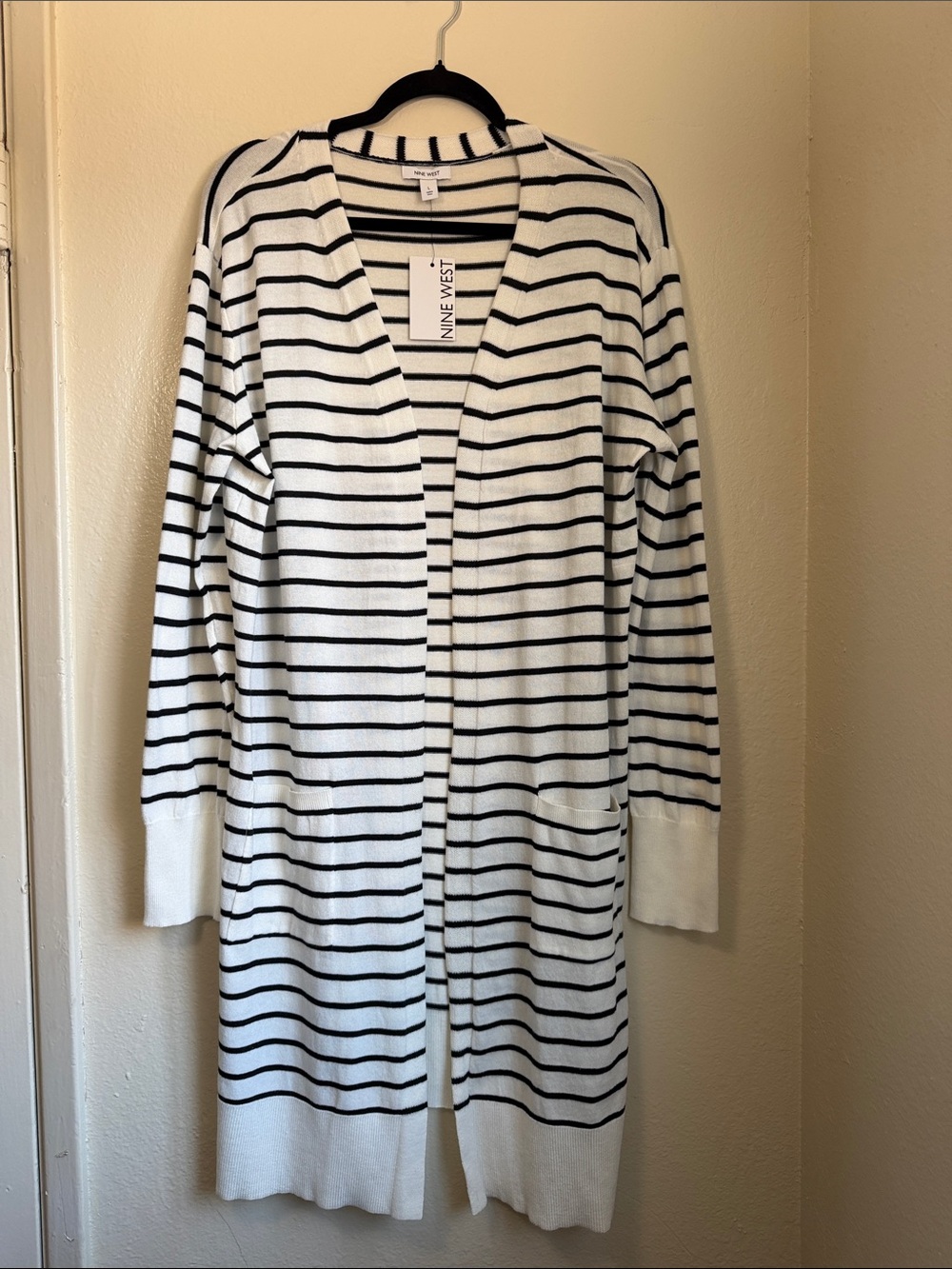 NWT Nine West White & Black Striped Open Front Casual Cozy Long Cardigan Size L